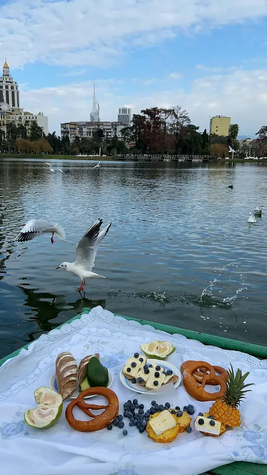 A picnic on the water and two seagulls